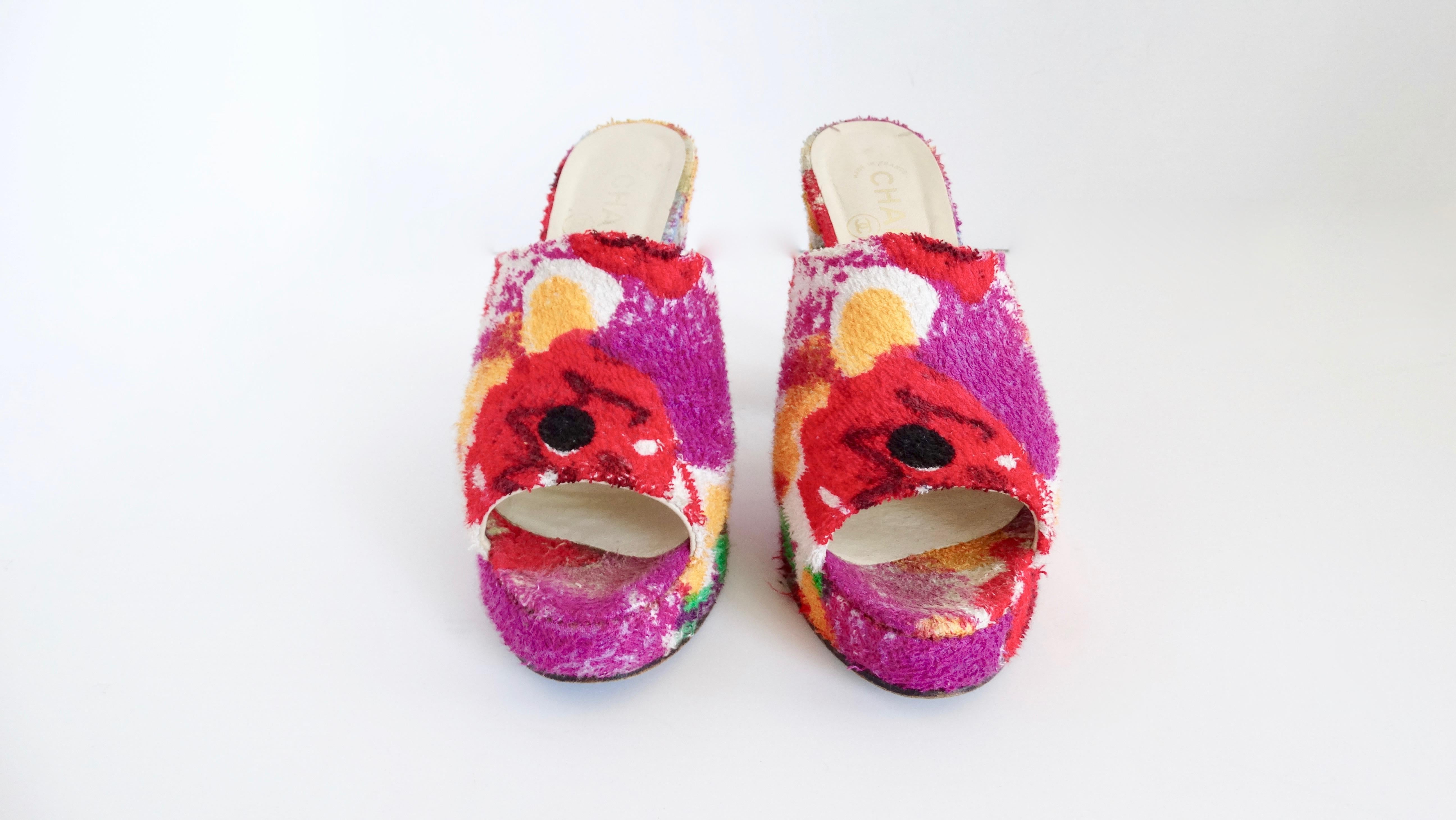 Chanel Rare 1990s Floral Terry-Cloth Mules  In Good Condition In Scottsdale, AZ