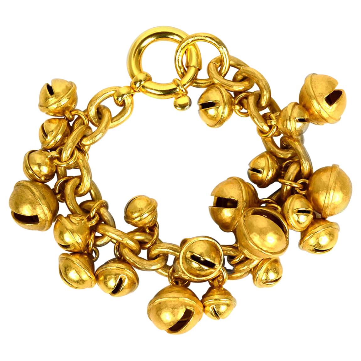Chanel RARE 1995 Iconic Vintage Gold CC Bell Charm Bracelet For Sale