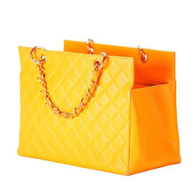 Chanel Rare 1997 Vintage Large Cc Logo Gst Grand Neon Orange Caviar Leather  Tote For Sale at 1stDibs