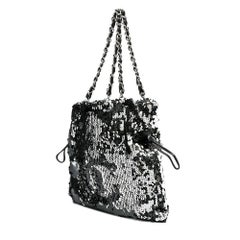 Chanel Rare 2008 Metallic Sequin Drawstring CC Reversible Small Rare Silver Tote
