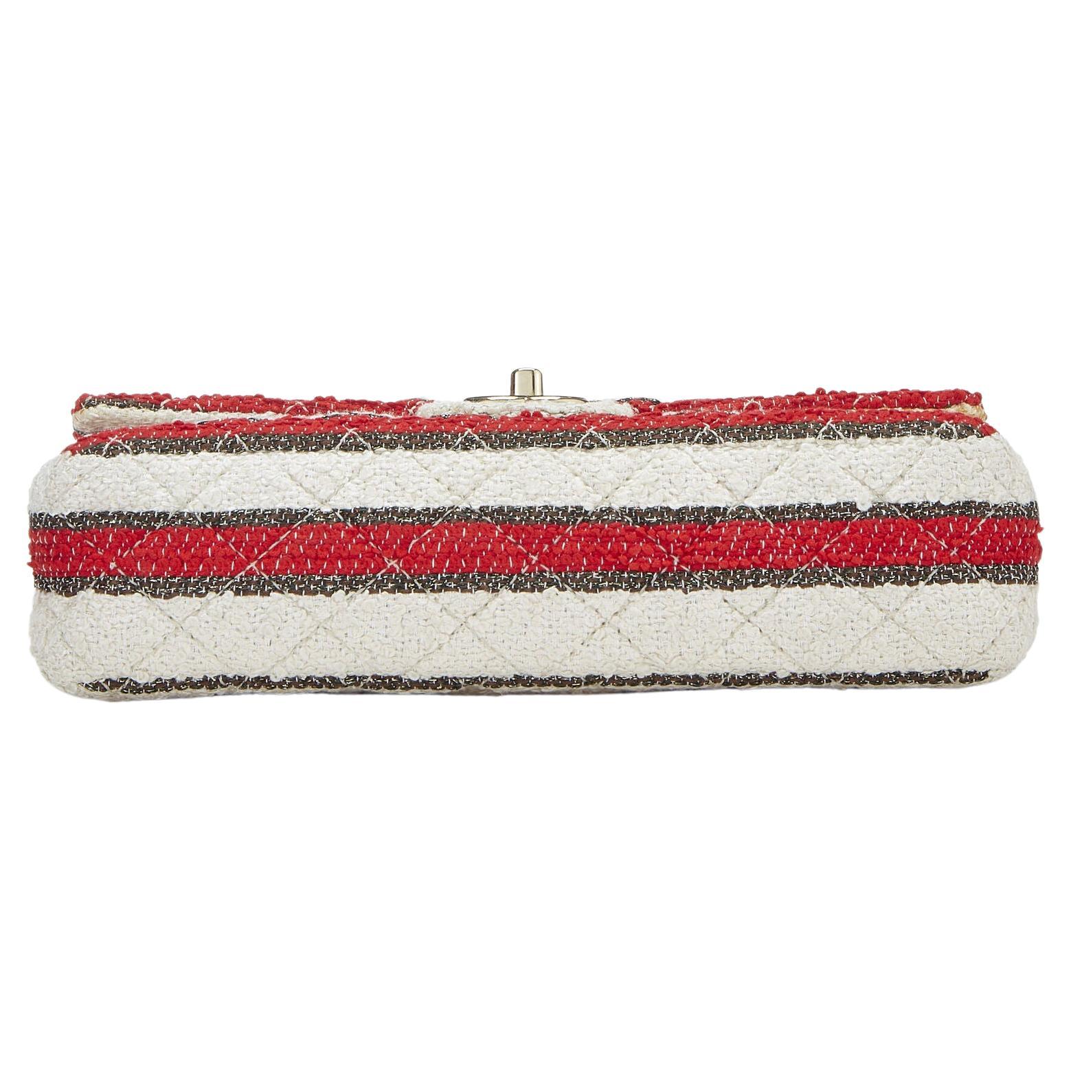 Chanel Seltene 2009 Medium Classic Flap Bag Umhängetasche aus Tweed mit roten und weißen Streifen im Angebot 5
