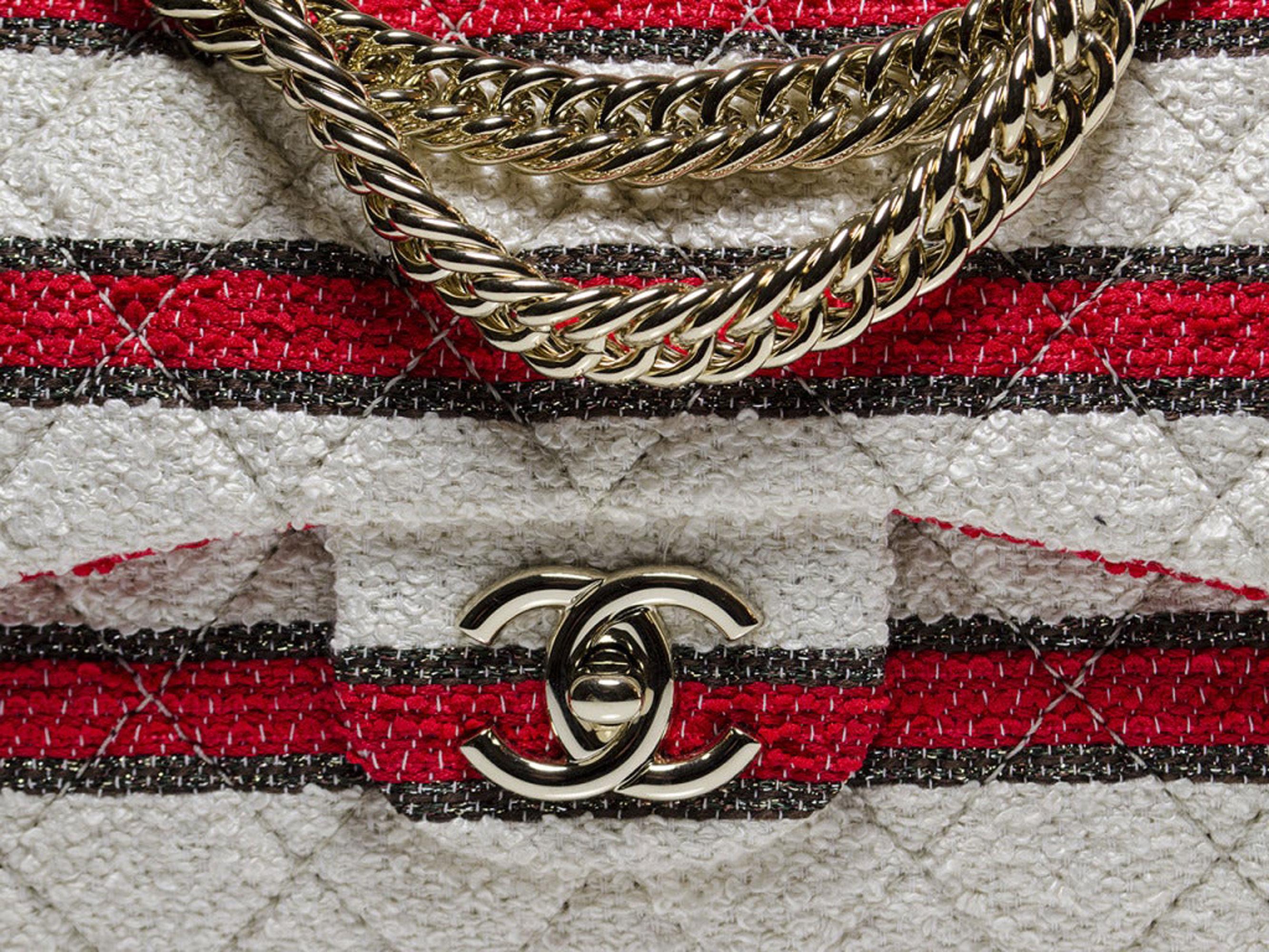 Women's or Men's Chanel Rare 2009 Medium Classic Flap Bag Red White Stripe Tweed Shoulder Bag  For Sale