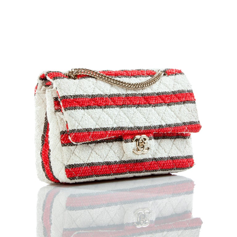 Chanel Rare 2009 Medium Classic Flap Bag Red White Stripe Tweed Shoulder Bag  For Sale at 1stDibs