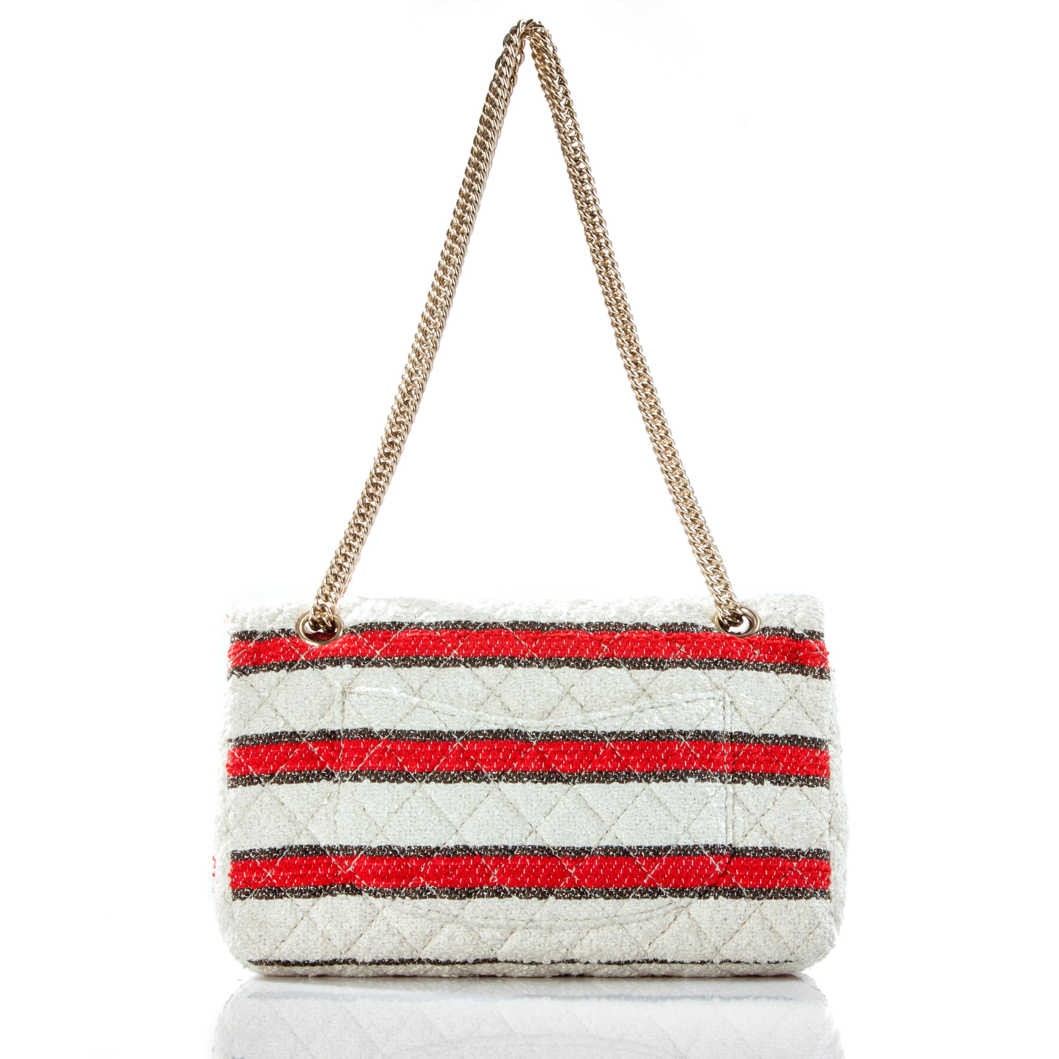 Chanel Rare 2009 Medium Classic Flap Bag Red White Stripe Tweed Shoulder Bag  For Sale 3