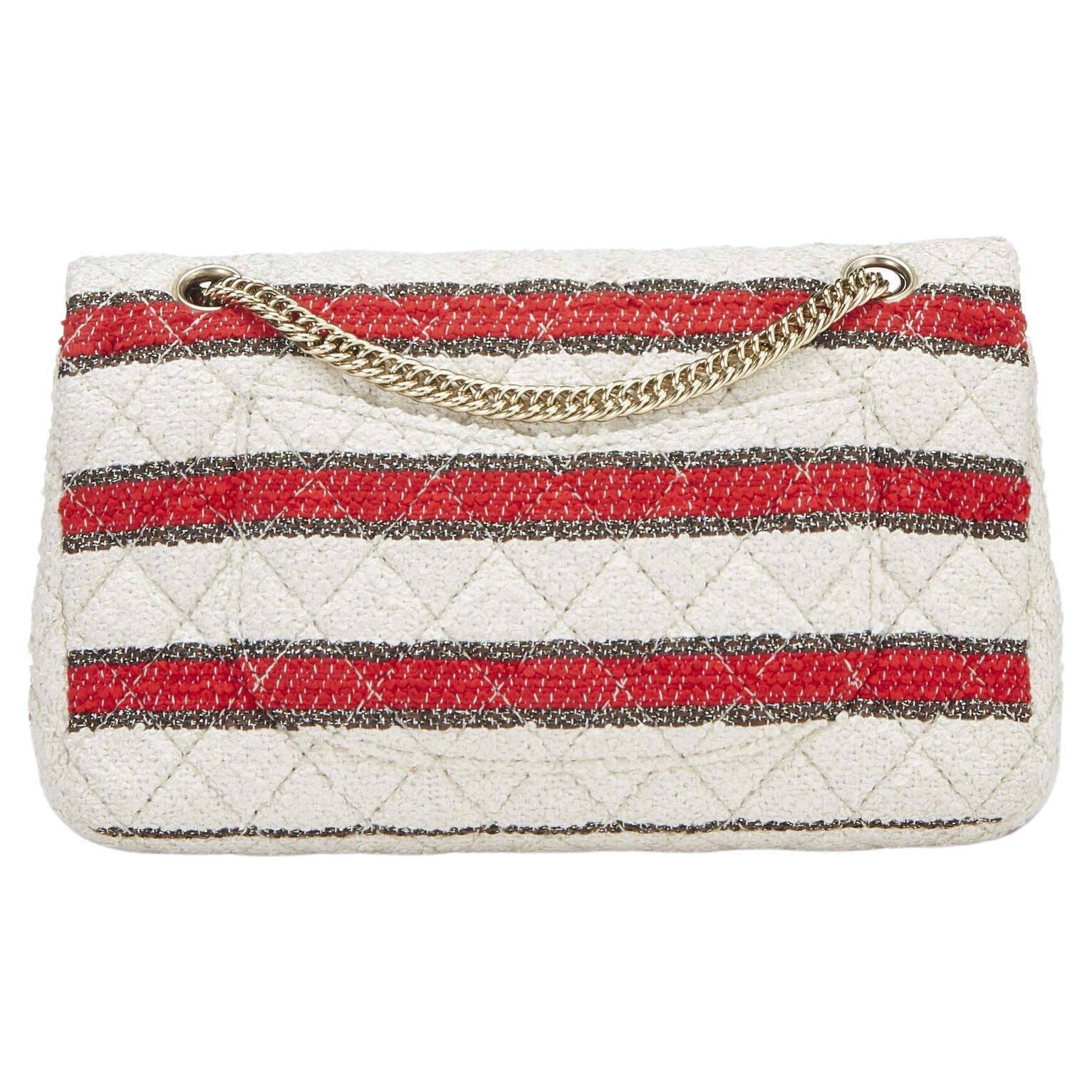 Chanel Rare 2009 Medium Classic Flap Bag Red White Stripe Tweed Shoulder Bag  For Sale 2
