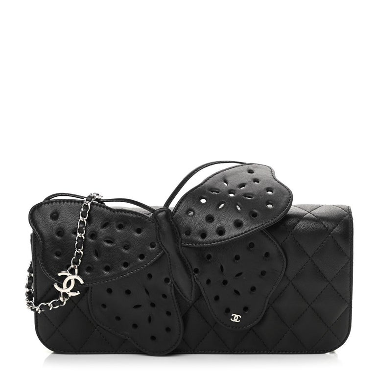 Chanel Rare 2011 Soft Lambskin Black Hand Slide Butterfly Ornament Clutch  Flap For Sale at 1stDibs