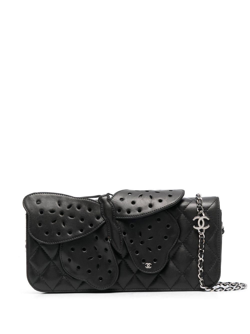 Chanel 2011 Rare Soft Lambskin Black Hand Slide Butterfly Ornament Clutch Flap In Good Condition For Sale In Miami, FL