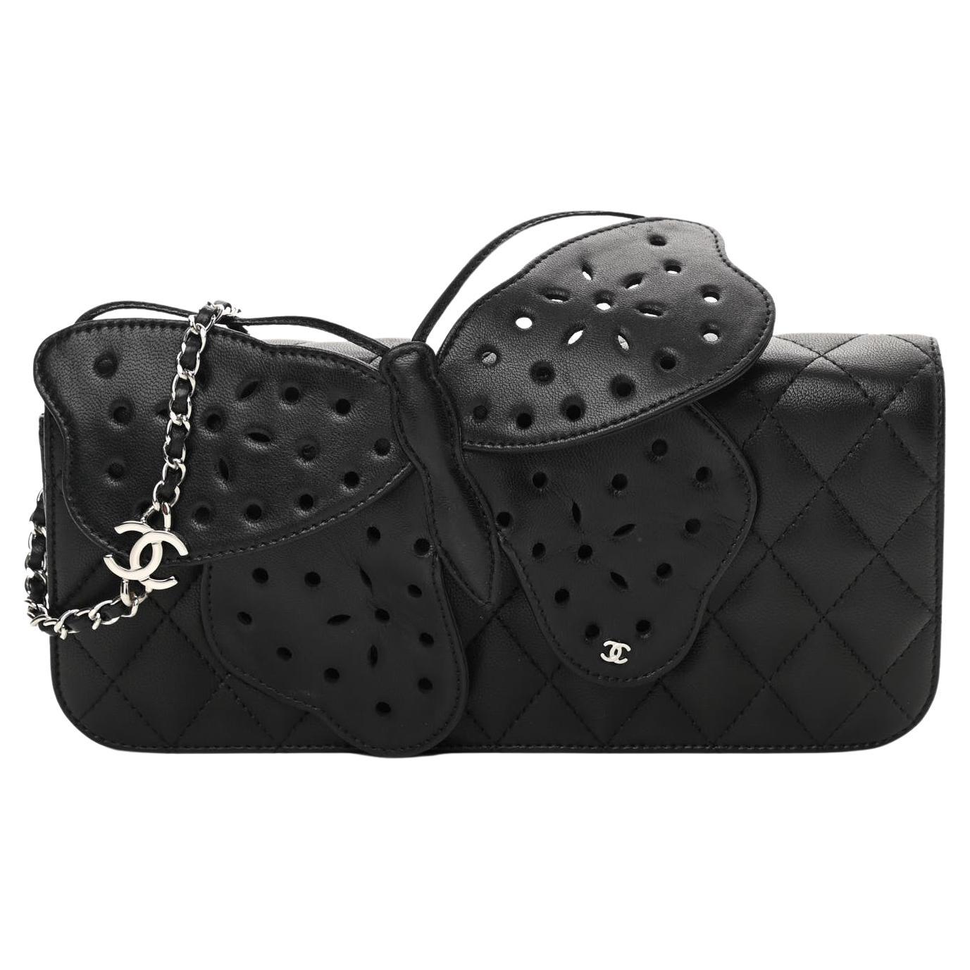 Chanel 2011 Rare Soft Lambskin Black Hand Slide Butterfly Ornament Clutch Flap For Sale