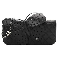 Used Chanel 2011 Rare Soft Lambskin Black Hand Slide Butterfly Ornament Clutch Flap