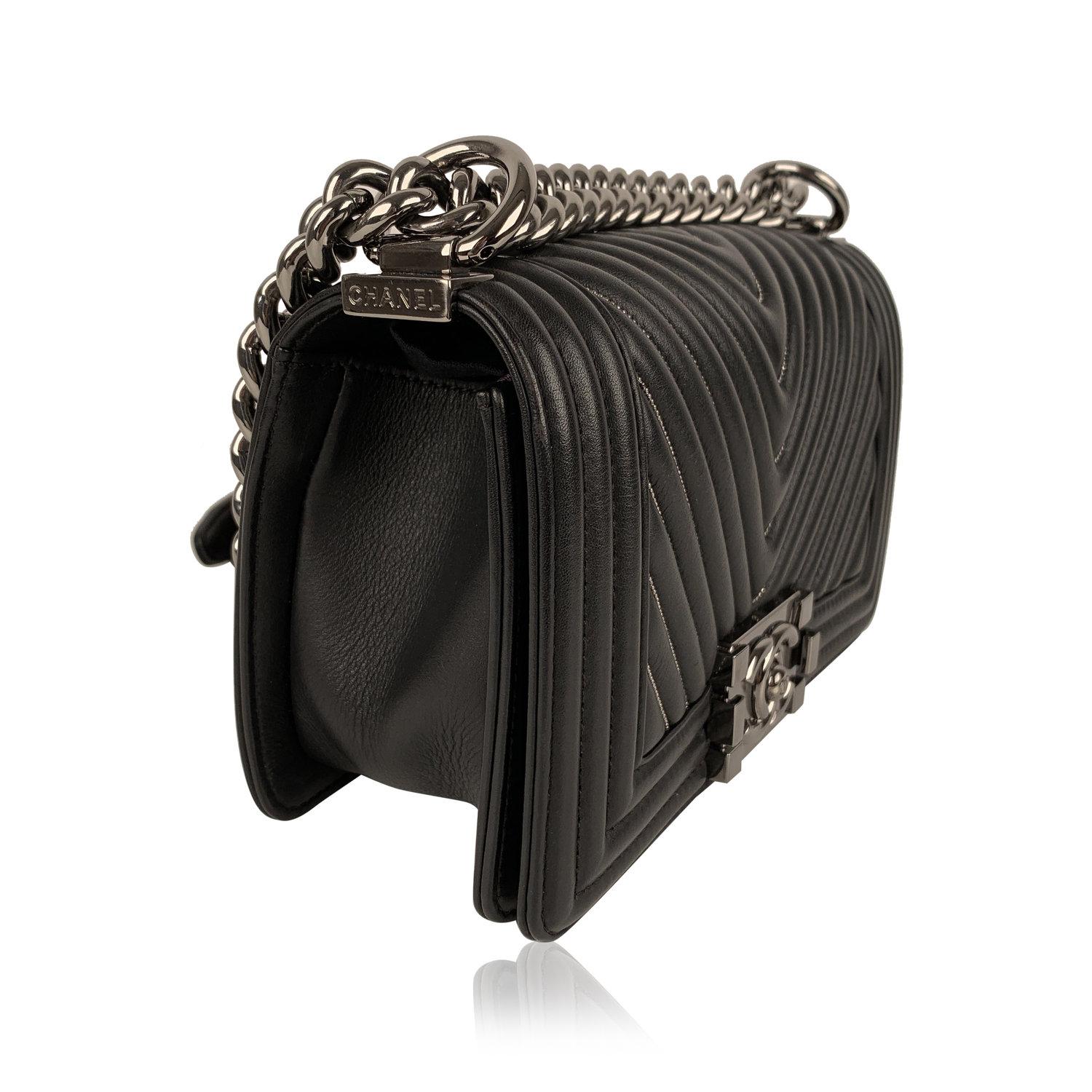 Black Chanel Rare 2014 Herringbone Chevron Silver Embroidered Boy Bag