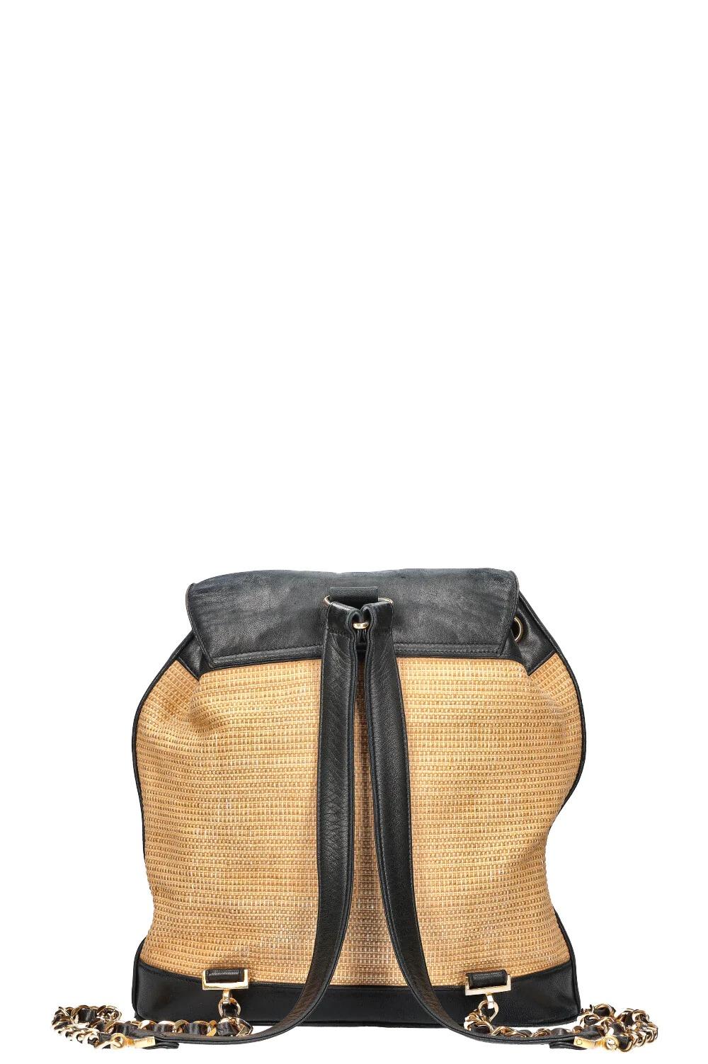 Chanel Rare sac à dos vintage en cuir noir et raphia naturel en rotin, années 90 en vente 4