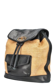 Chanel Rare 90s Vintage Natural Rattan Raffia Rare Black Leather Backpack