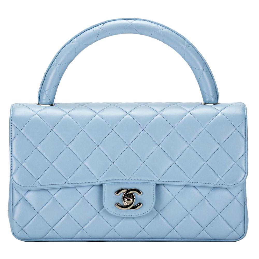 Chanel Rare 90's Vintage Quilted Light Blue Lambskin Top Handle Classic  Flap Bag