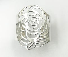 Chanel Rare 925 Solid Silver Camellia Cutout Bangle Cuff Bracelet