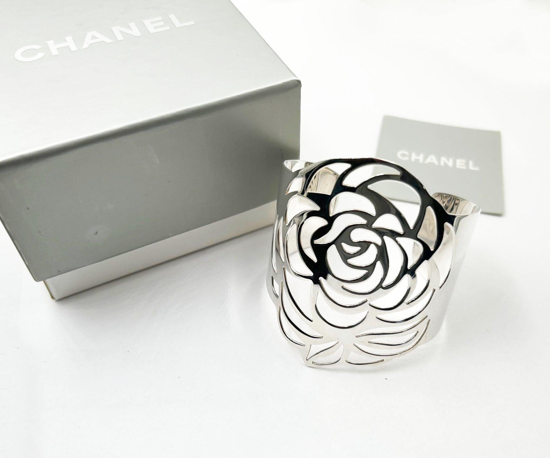 Artisan Chanel Rare 925 Solid Silver Camellia Cutout Bangle Cuff Bracelet For Sale