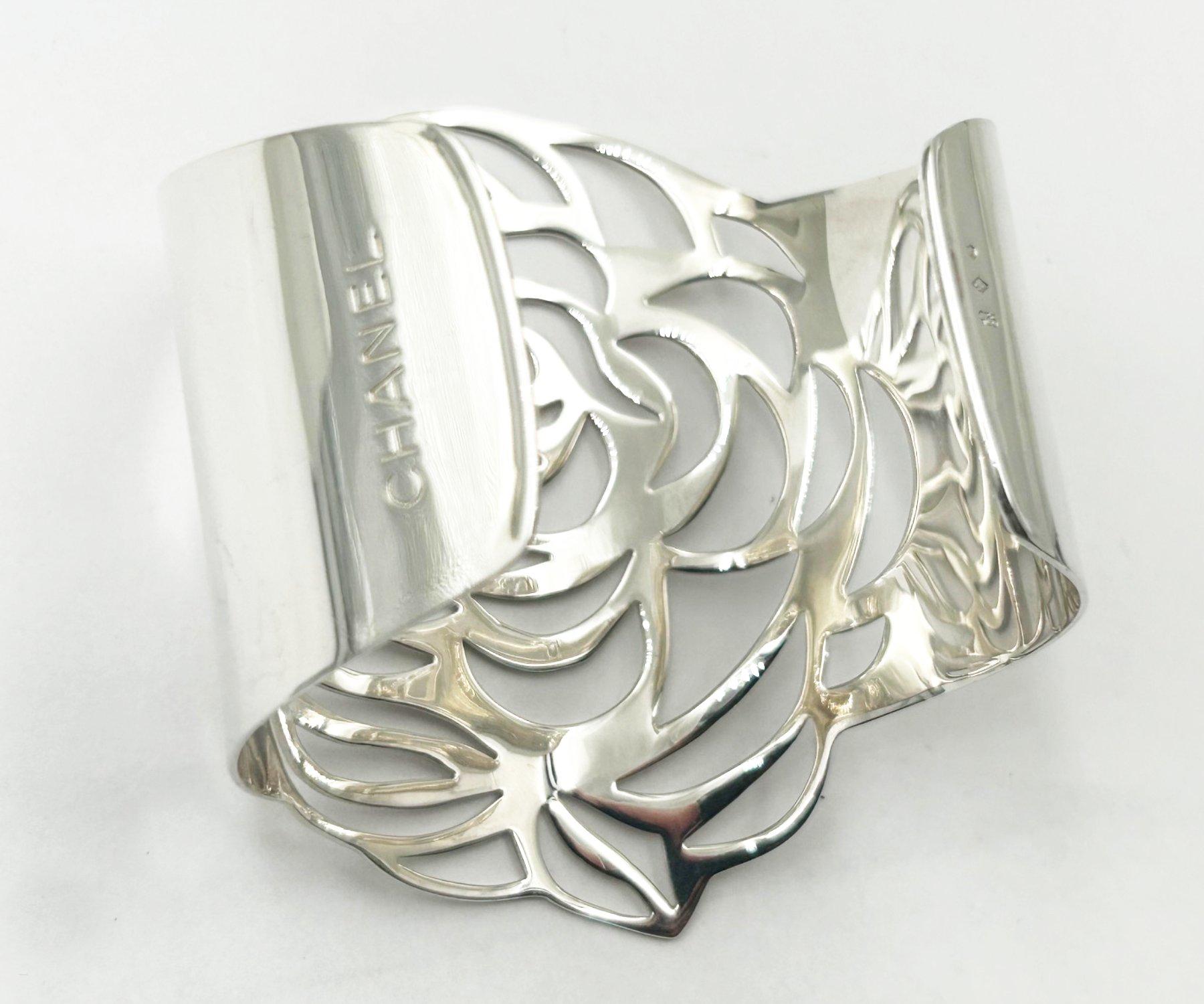 Women's Chanel Rare 925 Solid Silver Camellia Cutout Bangle Cuff Bracelet For Sale