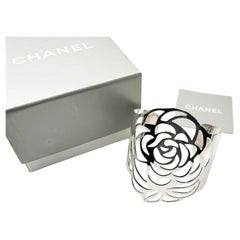 Chanel Rare 925 Solid Silver Camellia Cutout Bangle Cuff Bracelet