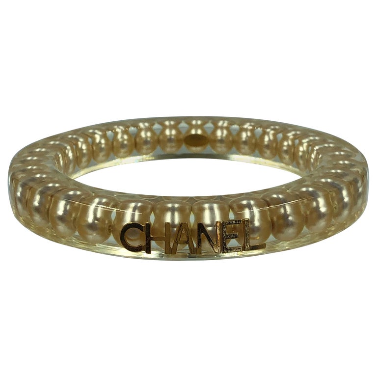 Chanel Rare Authentic Lucite Faux Pearl Bangle Bracelet For Sale at 1stdibs