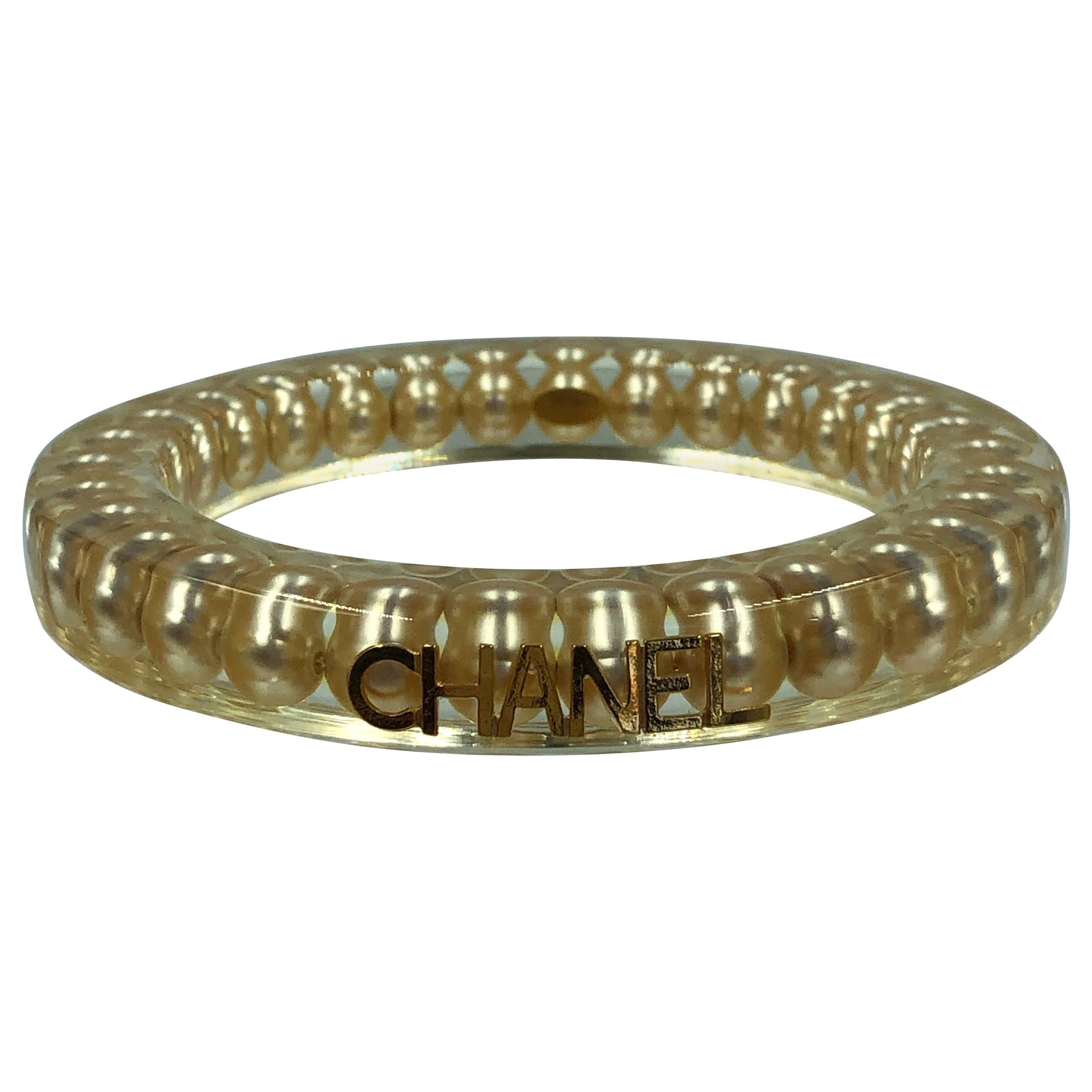 Chanel Rare Authentic Lucite Faux Pearl Bangle Bracelet For Sale