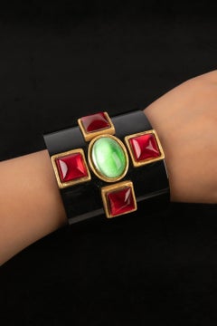 Chanel Rare Bakelite Cuff Bracelet Topped with Resin Cabochons, 1990s