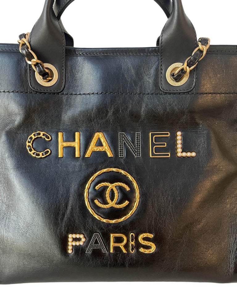 Chanel RARE Black Aged Calfskin Leather Medium Charms Deauville