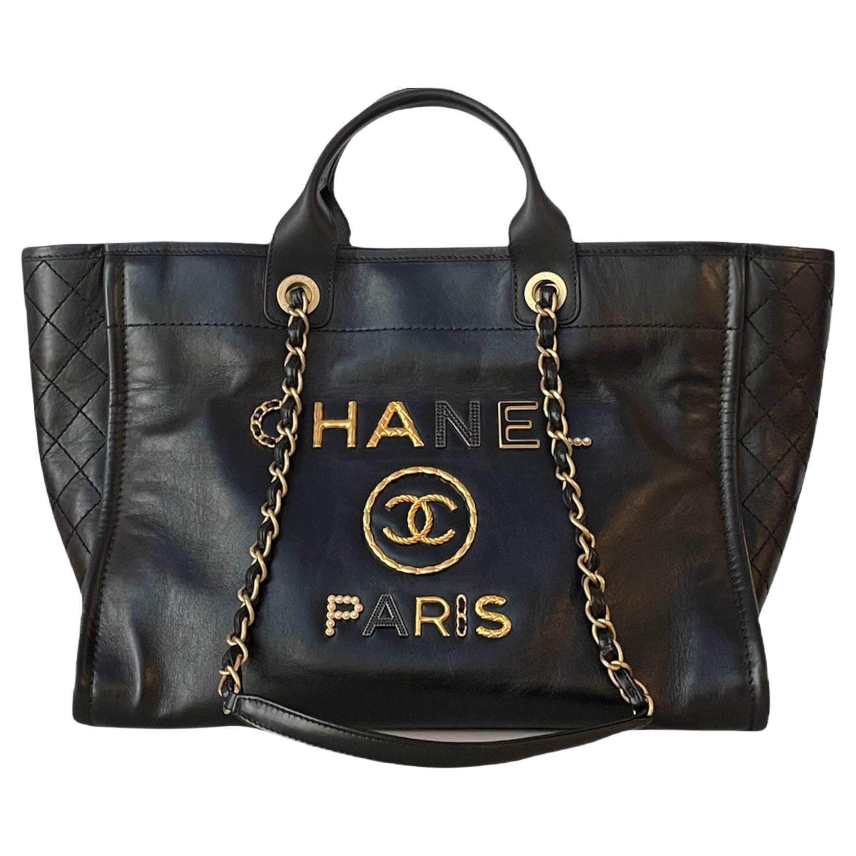Chanel RARE Black Aged Calfskin Leather Medium Charms Deauville Tote Bag at  1stDibs