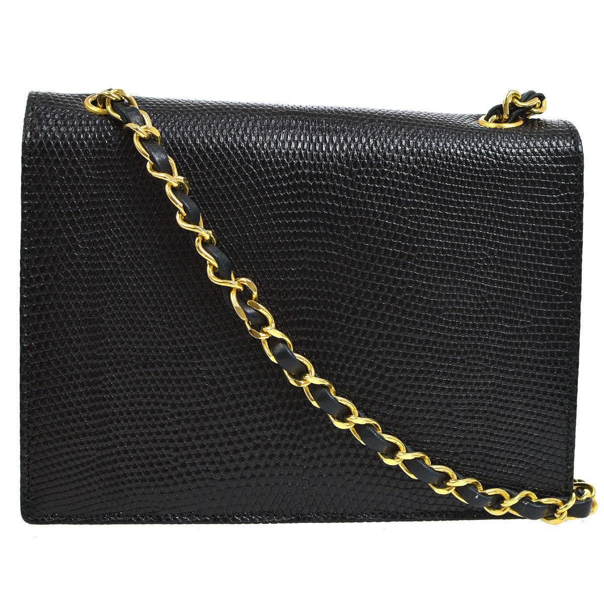 Women's Chanel Black Exotic Leather Gold Hardware Logo Evening Shoulder Flap Bag