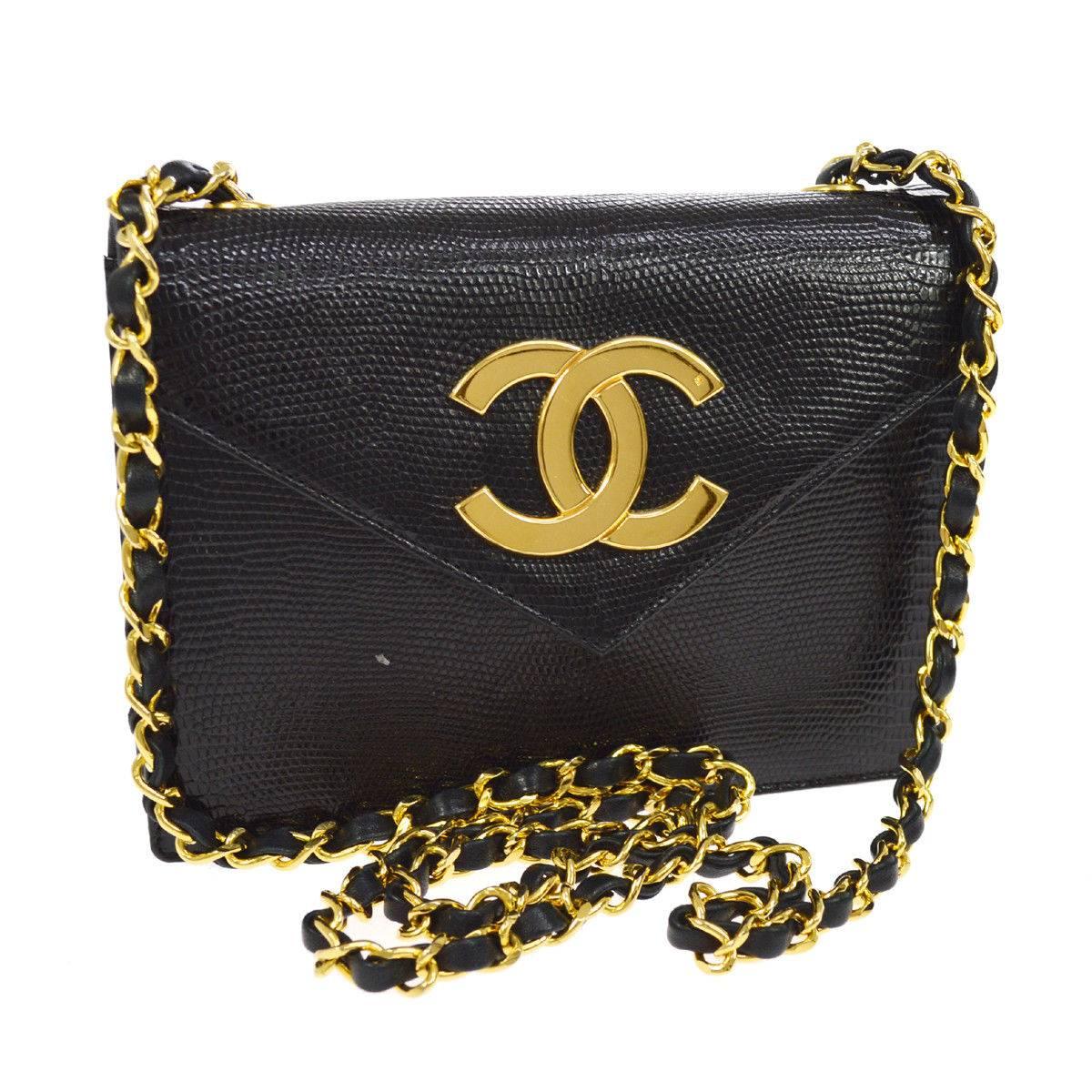 Chanel Black Exotic Leather Gold Hardware Logo Evening Shoulder Flap Bag