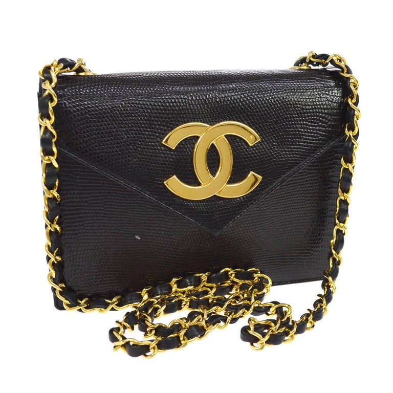 Chanel Black Exotic Leather Gold Hardware Logo Evening Shoulder Flap