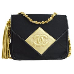 Chanel Rare Black Gold Satin Crest Tassel Small Party Flap Evening Shoulder Bag