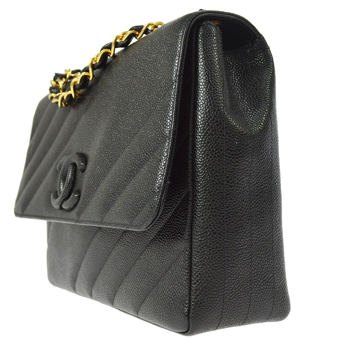 Women's Chanel Rare Black Leather Chevron Jumbo Gold Evening Shoulder Flap Bag