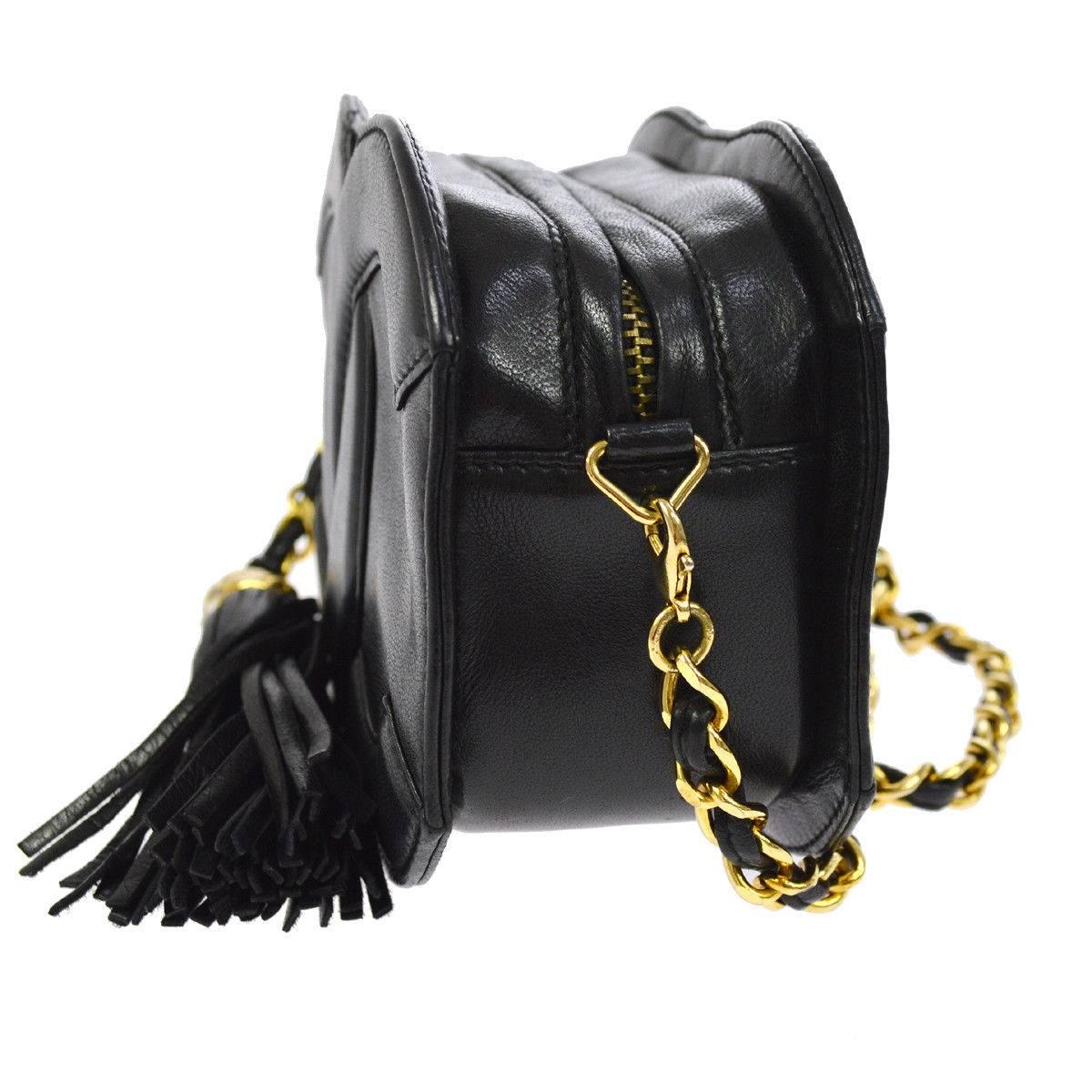 Chanel Black Leather Gold Charm Evening Party Crossbody Camera Shoulder Bag In Good Condition In Chicago, IL