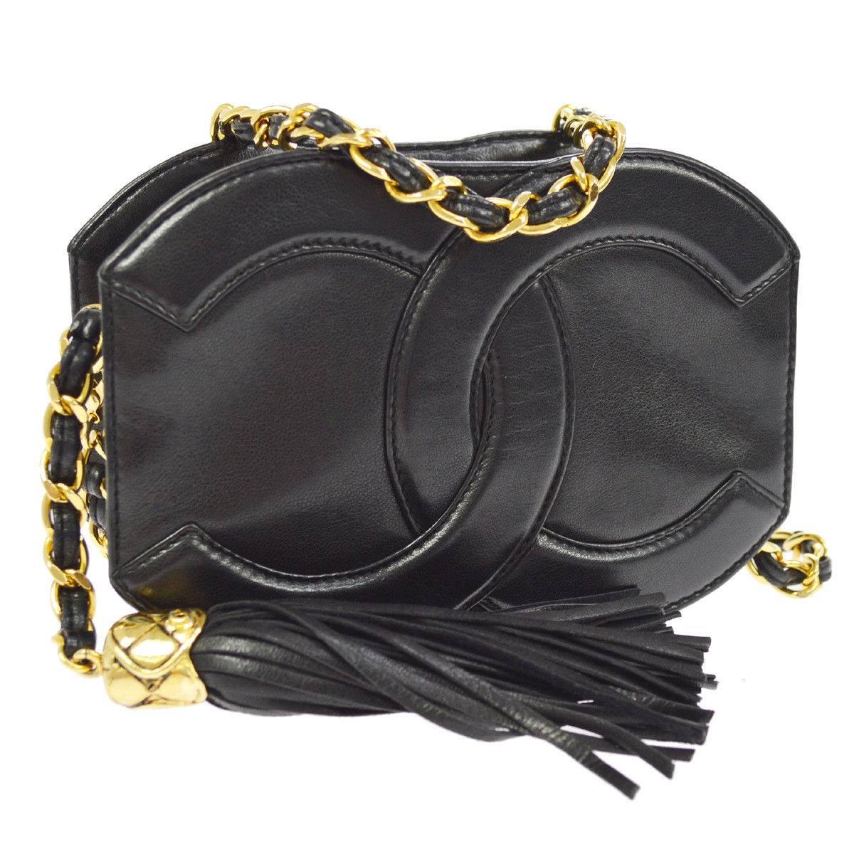 Chanel Black Leather Gold Charm Evening Party Crossbody Camera Shoulder Bag