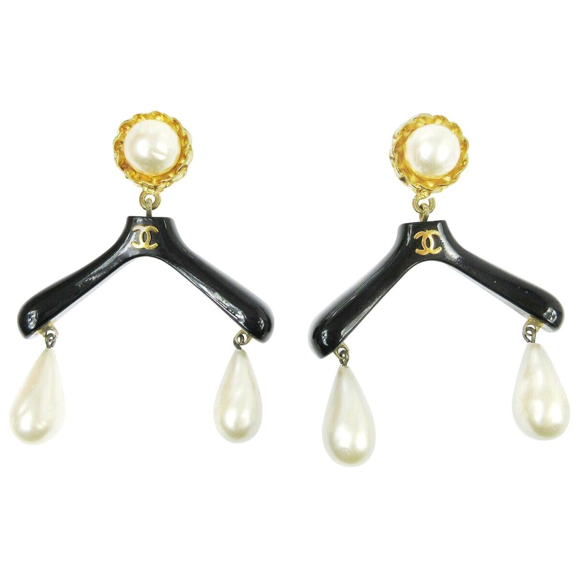 Chanel Rare Black Pearl Statement Dangle Drop Evening Earrings at 1stDibs