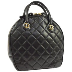 Chanel Rare Black Quilted Leather Gold Silver Top Handle Satchel Bowling Bag