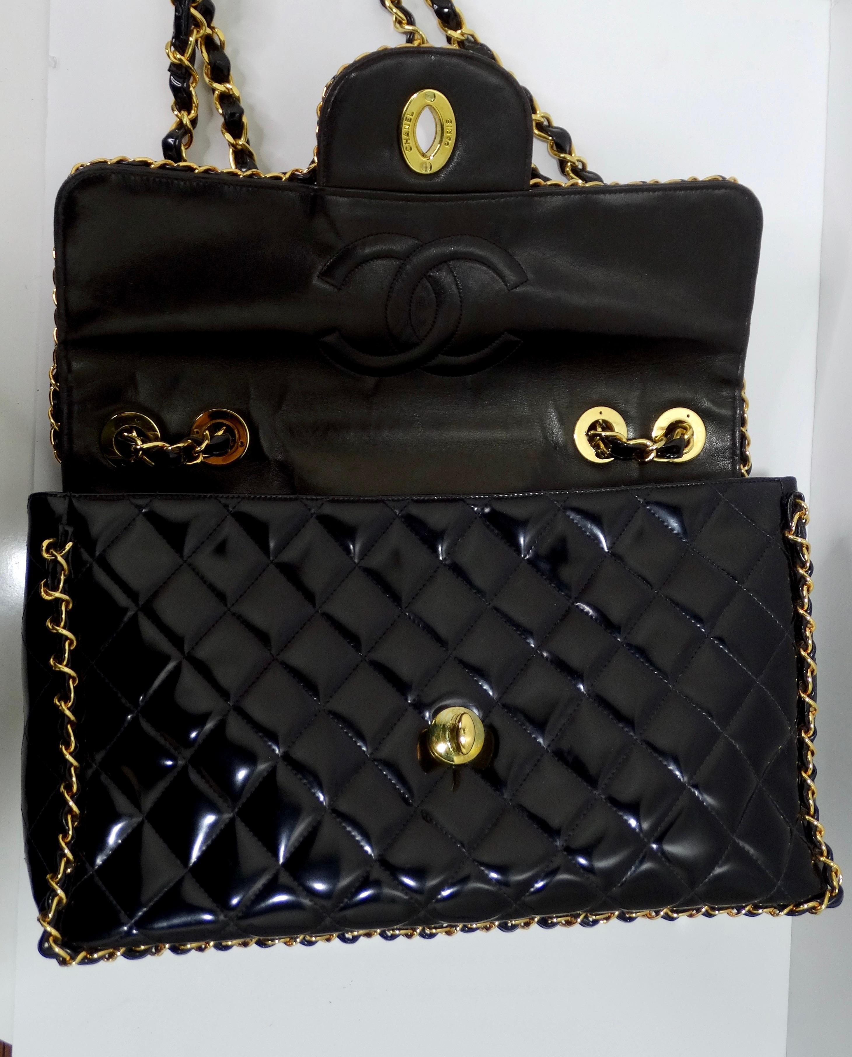 Chanel Rare Black Quilted Patent Leather Chain Around Maxi 8