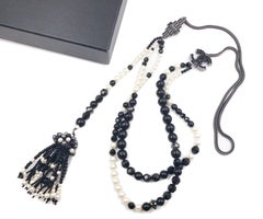 Unique Chanel Rare Black Stone Pearl Dangle Tassel Necklace