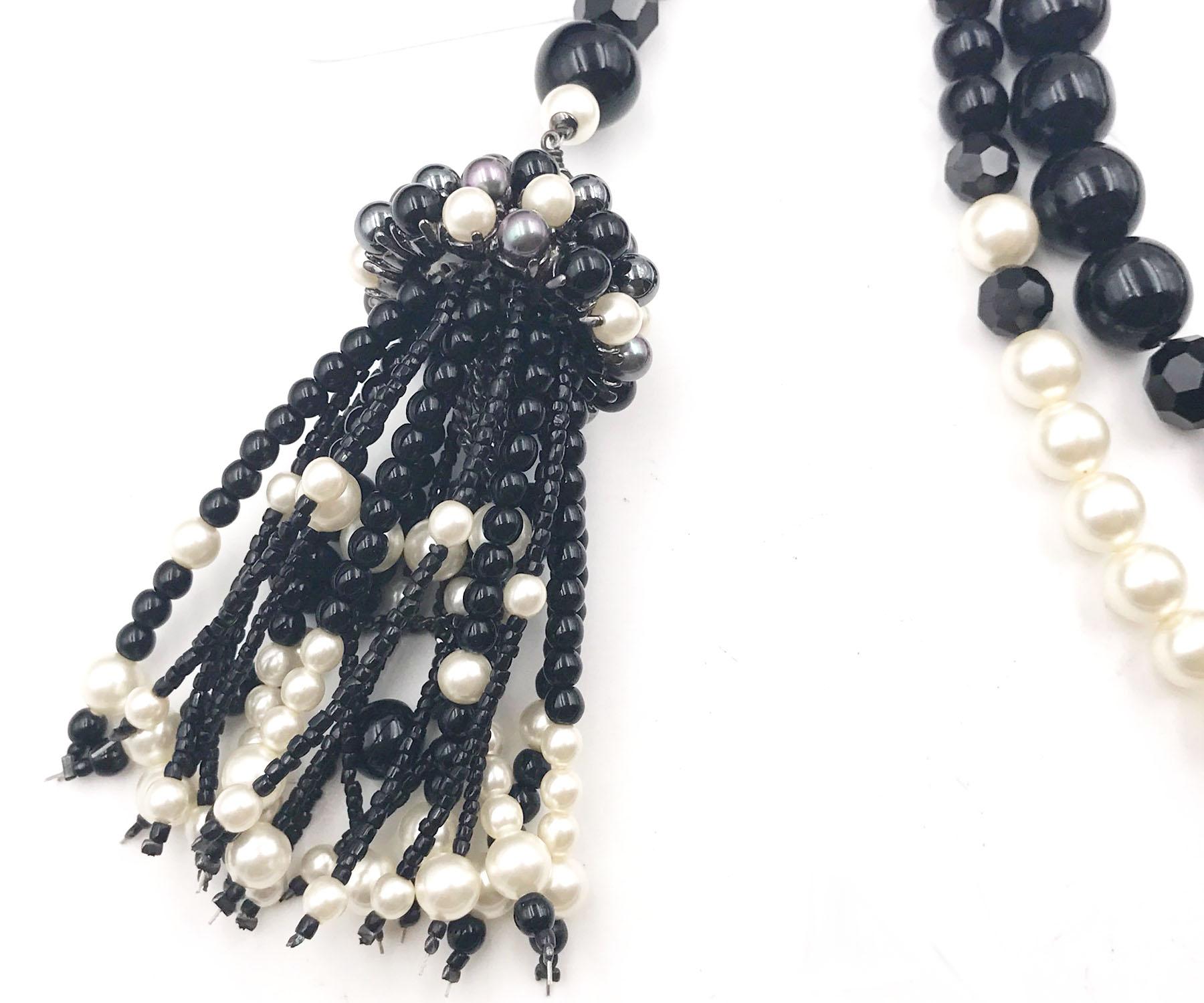 Unique Chanel Rare Black Stone Pearl Dangle Tassel Necklace For Sale 2