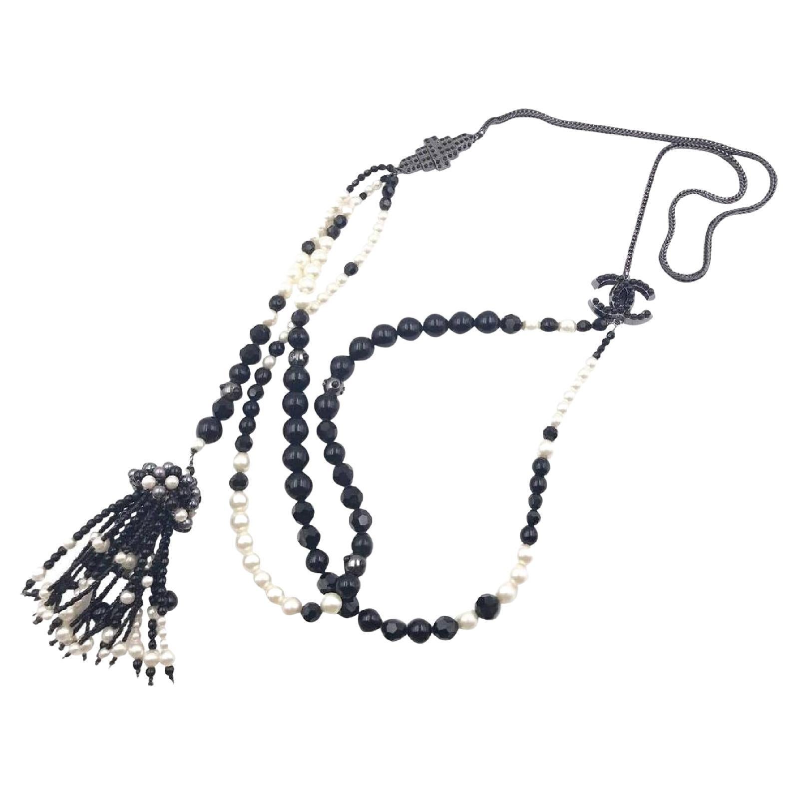Chanel Rare Black Stone Pearl Dangle Tassel Necklace For Sale