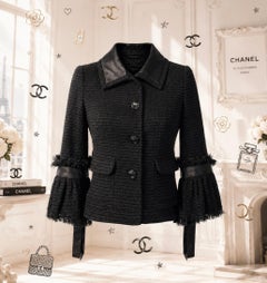 CHANEL Rare Black Tweed Jacket with CC Camellia Buttons 36 FR