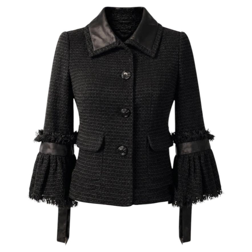CHANEL Rare Black Tweed Jacket with CC Camellia Buttons 36 FR