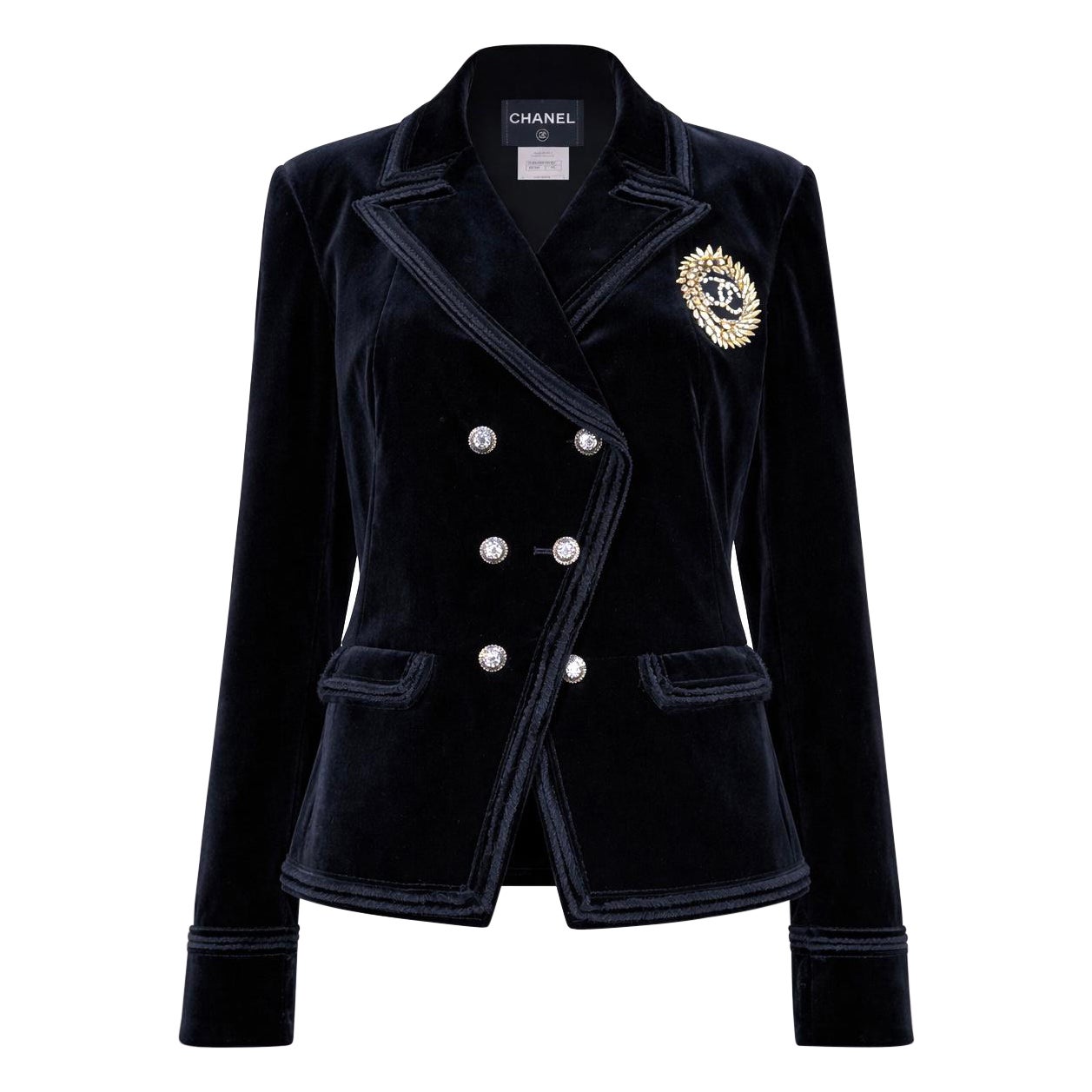 CHANEL Rare Black Velvet Jacket With CC Jewel Patch 46 FR