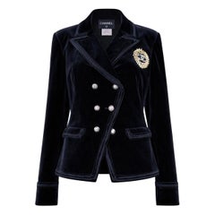 CHANEL Rare Black Velvet Jacket With CC Jewel Patch 46 FR