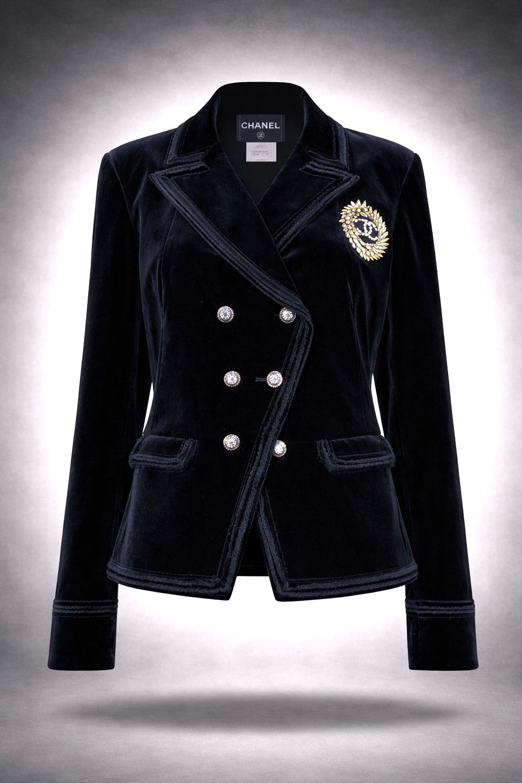 CHANEL Rare Black Velvet Jacket With CC Jewel Patch 46 FR