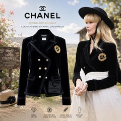 CHANEL Rare Black Velvet Jacket with CC Logo Jewel Patch 46 FR