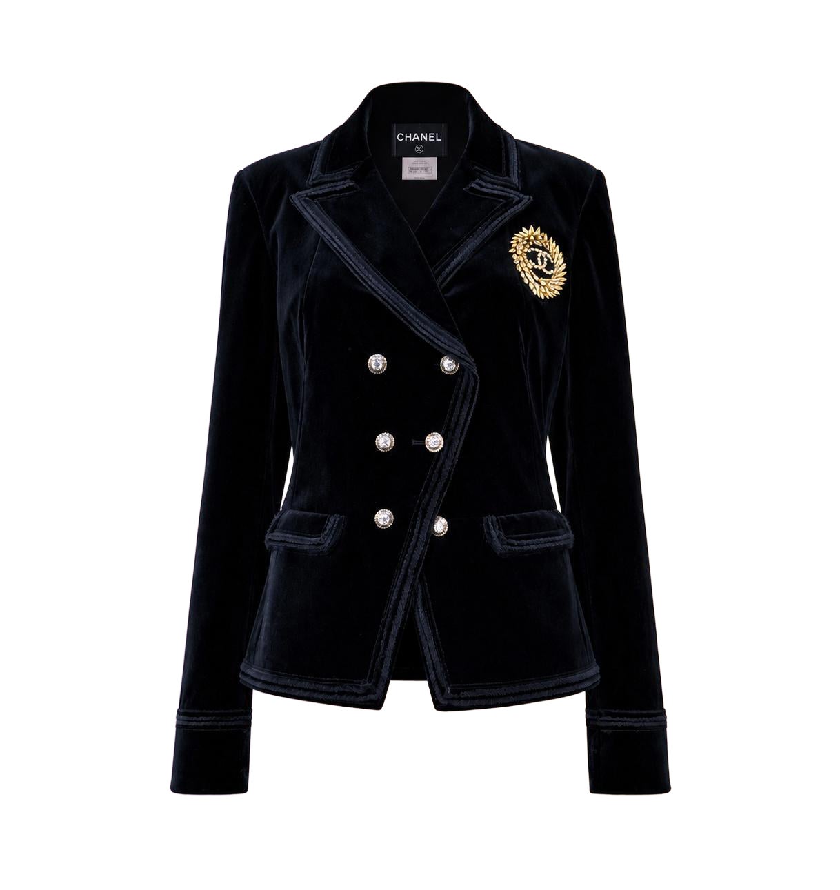 CHANEL Rare Black Velvet Jacket with CC Logo Jewel Patch 46 FR