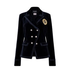 CHANEL Rare Black Velvet Jacket with CC Logo Jewel Patch 46 FR