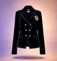 CHANEL Rare Black Velvet Jacket with CC Logo Jewel Patch 46 FR