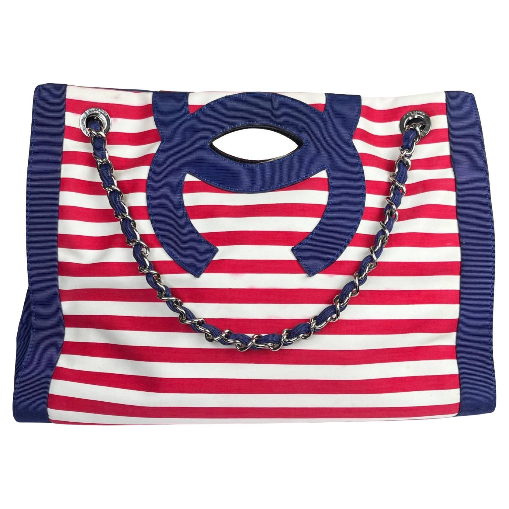 Chanel Rare Blue Red CC Handle Stripe 3 way Bag  For Sale
