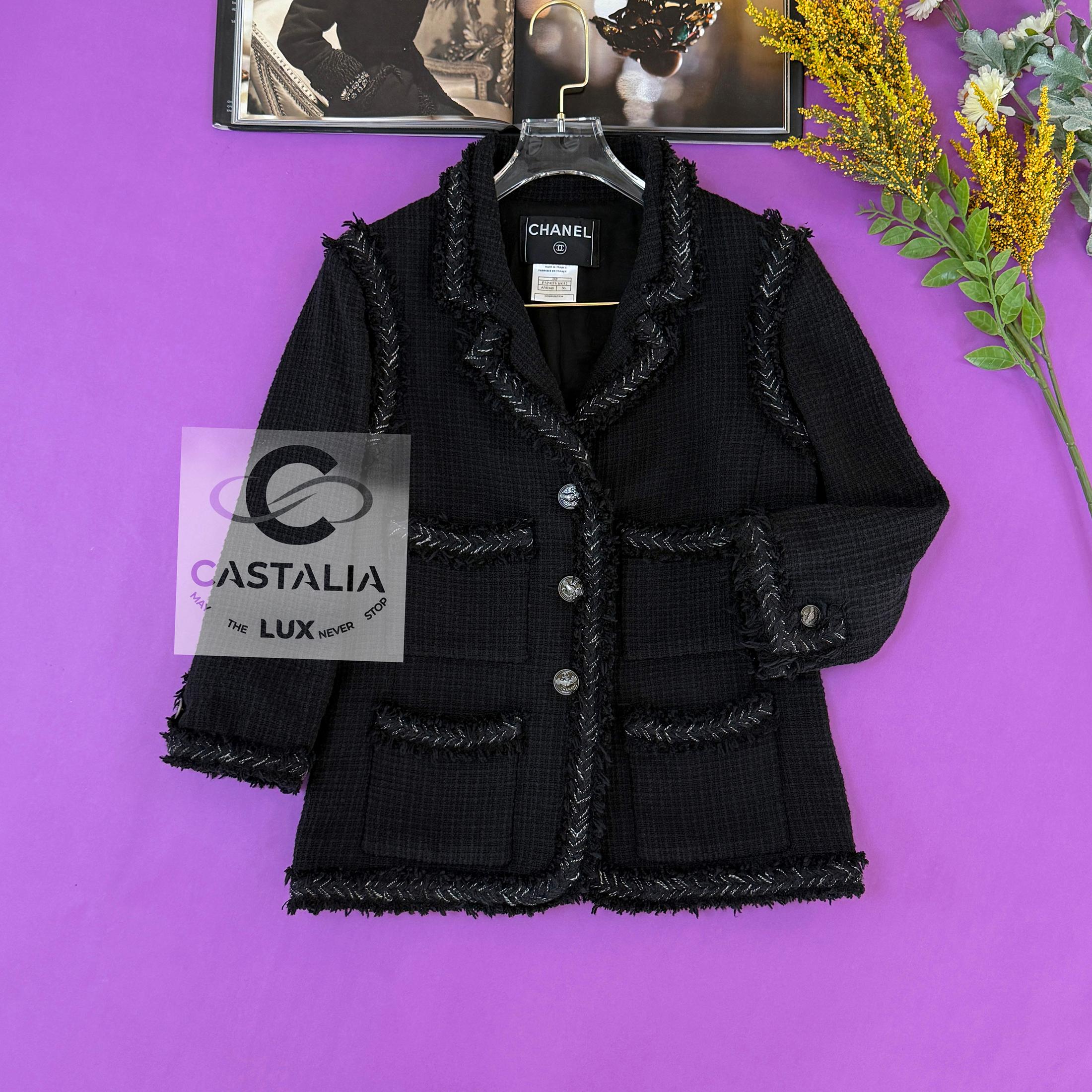 Noir Chanel Rare CC Handshake Buttons Black Tweed Jacket 36 FR
